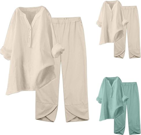 maisdgop Summer Outfits for Women Lightweight Loose 2 Piece Tracksuit Long Sleeve Button Tops with Pants Cotton Linen Sets in Saudi Arabia
