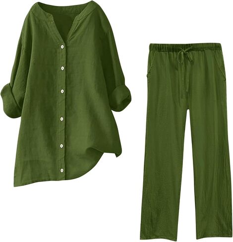 maisdgop Summer Outfits for Women Lightweight Loose 2 Piece Tracksuit Long Sleeve Button Tops with Pants Cotton Linen Sets in Saudi Arabia