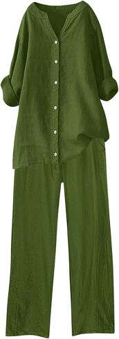 maisdgop Summer Outfits for Women Lightweight Loose 2 Piece Tracksuit Long Sleeve Button Tops with Pants Cotton Linen Sets in Saudi Arabia