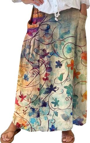 Maxi Skirts for Women Floral Print Elastic Waist Bohemian Hippie Long Skirt Vintage Boho Beach Skirts with Pockets in Saudi Arabia