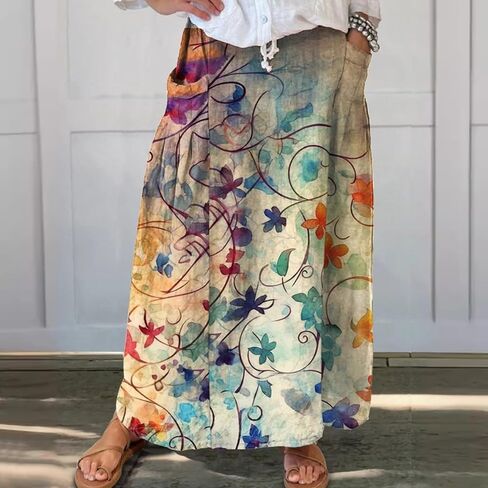 Maxi Skirts for Women Floral Print Elastic Waist Bohemian Hippie Long Skirt Vintage Boho Beach Skirts with Pockets in Saudi Arabia