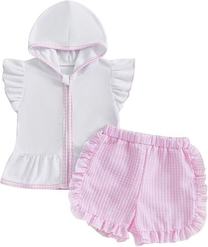 Toddler Baby Girl Swimsuit Bathing Suit Coverup Terry Cloth Flutter Sleeve Zipper Hooded Tops Plaid Ruffle Shorts Set in Saudi Arabia