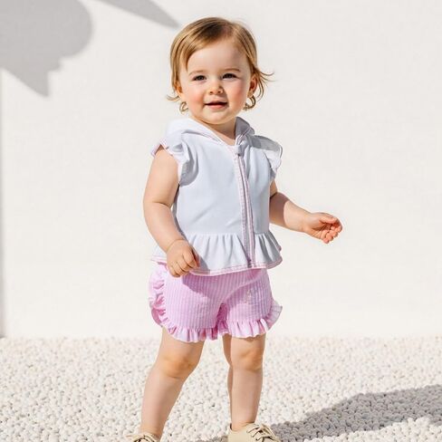Toddler Baby Girl Swimsuit Bathing Suit Coverup Terry Cloth Flutter Sleeve Zipper Hooded Tops Plaid Ruffle Shorts Set in Saudi Arabia