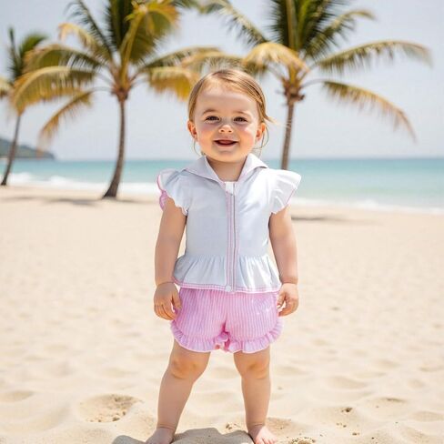 Toddler Baby Girl Swimsuit Bathing Suit Coverup Terry Cloth Flutter Sleeve Zipper Hooded Tops Plaid Ruffle Shorts Set in Saudi Arabia