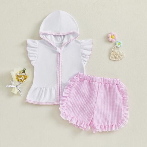 Toddler Baby Girl Swimsuit Bathing Suit Coverup Terry Cloth Flutter Sleeve Zipper Hooded Tops Plaid Ruffle Shorts Set in Saudi Arabia