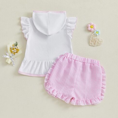 Toddler Baby Girl Swimsuit Bathing Suit Coverup Terry Cloth Flutter Sleeve Zipper Hooded Tops Plaid Ruffle Shorts Set in Saudi Arabia