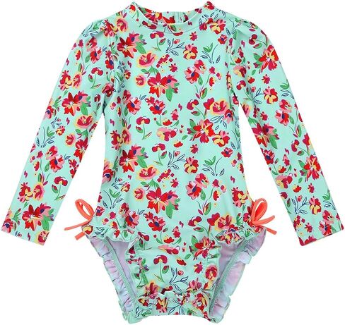 FEESHOW Baby Girls Floral One Piece Long Sleeve Rash Guard Swimsuit Shirt with Ruffle Bloomers Swim Briefs Set in Saudi Arabia