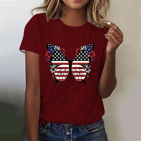 4th of July Shirts for Women Short Sleeve Patriotic Tops Heart American Flag USA Star Stripes Red White Blue Tee in Saudi Arabia