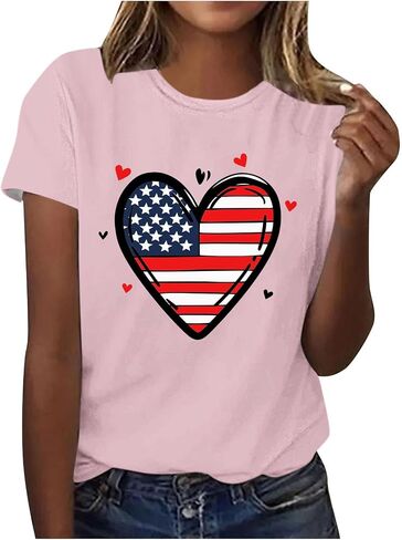 4th of July Shirts for Women Short Sleeve Patriotic Tops Heart American Flag USA Star Stripes Red White Blue Tee in Saudi Arabia
