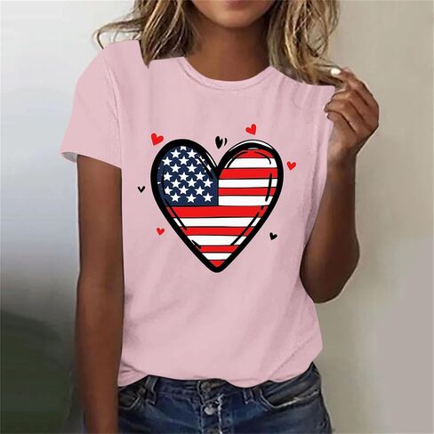 4th of July Shirts for Women Short Sleeve Patriotic Tops Heart American Flag USA Star Stripes Red White Blue Tee in Saudi Arabia