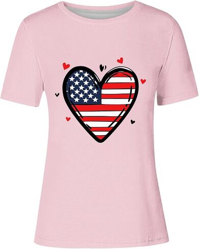 4th of July Shirts for Women Short Sleeve Patriotic Tops Heart American Flag USA Star Stripes Red White Blue Tee in Saudi Arabia