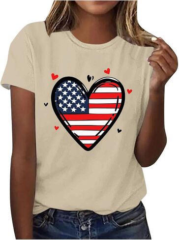 4th of July Shirts for Women Short Sleeve Patriotic Tops Heart American Flag USA Star Stripes Red White Blue Tee in Saudi Arabia