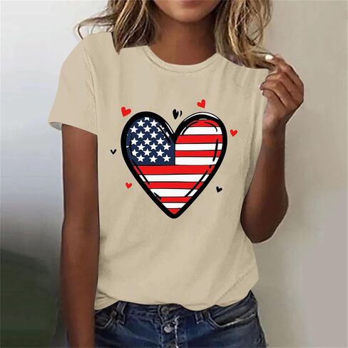 4th of July Shirts for Women Short Sleeve Patriotic Tops Heart American Flag USA Star Stripes Red White Blue Tee in Saudi Arabia
