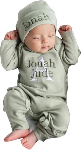 Personalized Newborn Baby Coming Home Outfit Custom Matching Super Soft Infant Long Sleeve Sleepwear with Embroidery Name Baby Sleeper Newborn Set for Girl and Boy Perfect Baby Shower Gift (A) in Saudi Arabia