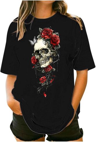 زائد الحجم المحملات الرسومية للنساء جمجمة مضحكة tshirts قمم الصيف فضفاضة مريحة غير رسمية قصيرة الأكمام in Kuwait