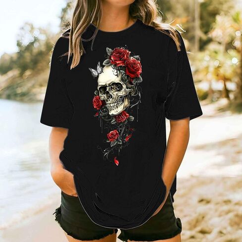 زائد الحجم المحملات الرسومية للنساء جمجمة مضحكة tshirts قمم الصيف فضفاضة مريحة غير رسمية قصيرة الأكمام in Kuwait