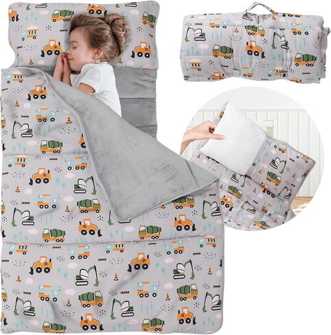 Toddler Nap Mat with Detachable Pillow & Blanket - Soft Plush Minky Fleece Kids Sleeping Bag for Daycare, Preschool & Travel - Portable Roll-Up Design with Carry Handle - Boys Girls Ages 3+ in Saudi Arabia