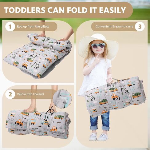 Toddler Nap Mat with Detachable Pillow & Blanket - Soft Plush Minky Fleece Kids Sleeping Bag for Daycare, Preschool & Travel - Portable Roll-Up Design with Carry Handle - Boys Girls Ages 3+ in Saudi Arabia