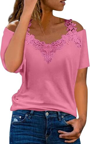 Lace Crochet Cold Shoulder Tops for Women 2025 Trendy Summer Short Sleeve Tunic Shirts Casual Loose Strappy Blouse in Kuwait