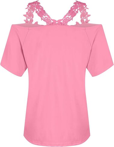Lace Crochet Cold Shoulder Tops for Women 2025 Trendy Summer Short Sleeve Tunic Shirts Casual Loose Strappy Blouse in Kuwait