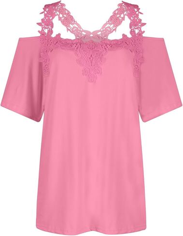 Lace Crochet Cold Shoulder Tops for Women 2025 Trendy Summer Short Sleeve Tunic Shirts Casual Loose Strappy Blouse in Kuwait