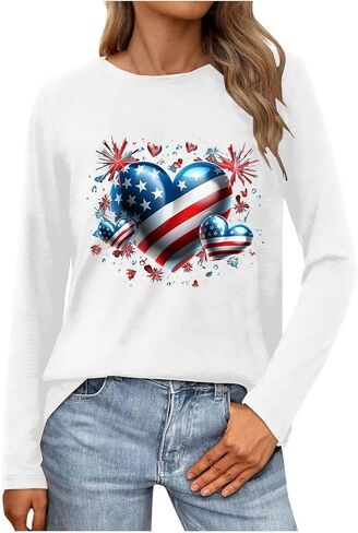 Womens Long Sleeve T Shirts Patriotic Cotton USA Flag 4Th July American Red White Blue Star Stripes 4 Day T-Shirts in Saudi Arabia