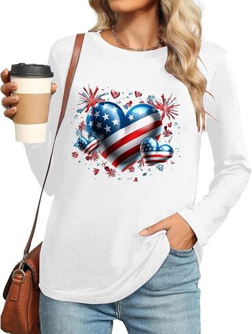 Womens Long Sleeve T Shirts Patriotic Cotton USA Flag 4Th July American Red White Blue Star Stripes 4 Day T-Shirts in Saudi Arabia