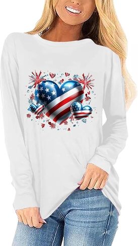 Womens Long Sleeve T Shirts Patriotic Cotton USA Flag 4Th July American Red White Blue Star Stripes 4 Day T-Shirts in Saudi Arabia