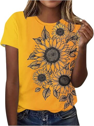 Women's Summer Bee Sunflower T Shirt Cute Flower Graphic Loose Tees Crew Neck Short Sleeve Casual Festival Costumes in Saudi Arabia