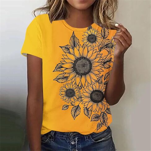 Women's Summer Bee Sunflower T Shirt Cute Flower Graphic Loose Tees Crew Neck Short Sleeve Casual Festival Costumes in Saudi Arabia