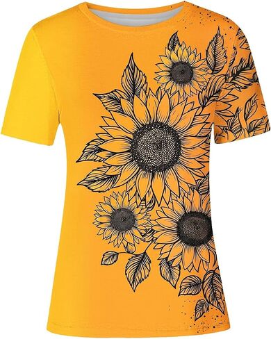 Women's Summer Bee Sunflower T Shirt Cute Flower Graphic Loose Tees Crew Neck Short Sleeve Casual Festival Costumes in Saudi Arabia