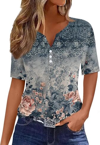 Tops for Women Trendy Henley V Neck Pullover Printed Vacation Tops Button Down Comfy Tees Trendy Tunics T Shirt in Kuwait
