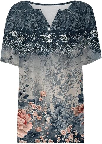 Tops for Women Trendy Henley V Neck Pullover Printed Vacation Tops Button Down Comfy Tees Trendy Tunics T Shirt in Kuwait