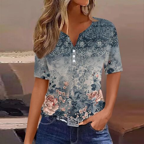 Tops for Women Trendy Henley V Neck Pullover Printed Vacation Tops Button Down Comfy Tees Trendy Tunics T Shirt in Kuwait