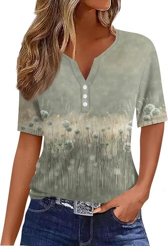 Tops for Women Trendy Henley V Neck Pullover Printed Vacation Tops Button Down Comfy Tees Trendy Tunics T Shirt in Kuwait