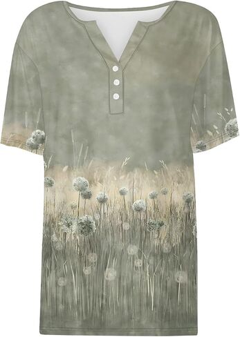 Tops for Women Trendy Henley V Neck Pullover Printed Vacation Tops Button Down Comfy Tees Trendy Tunics T Shirt in Kuwait