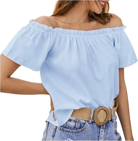 Women's Off Shoulder Ruffle Trim Shirt Short Sleeve Blouse Party Tops Shirt Casual Loose Fit Summer Tops in Kuwait