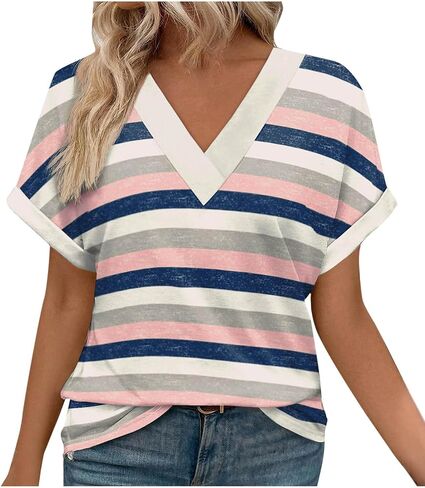Womens Summer Tops Short Dolman Sleeve Shirts 2025 Fashion V Neck Outfits Clothes Fashion Stripes Print Blouse in Saudi Arabia