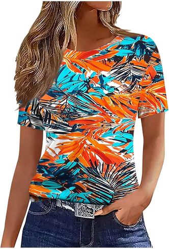 Summer Tops for Women Vintage Floral Feather Graphic Tees Short Sleeve Crewneck Tunic Blouses Dressy Shirts in Saudi Arabia