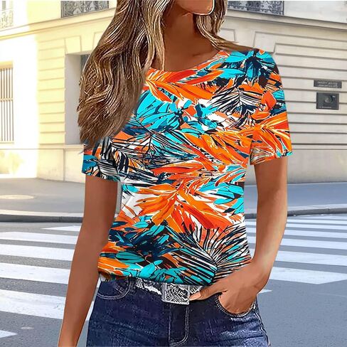 Summer Tops for Women Vintage Floral Feather Graphic Tees Short Sleeve Crewneck Tunic Blouses Dressy Shirts in Saudi Arabia