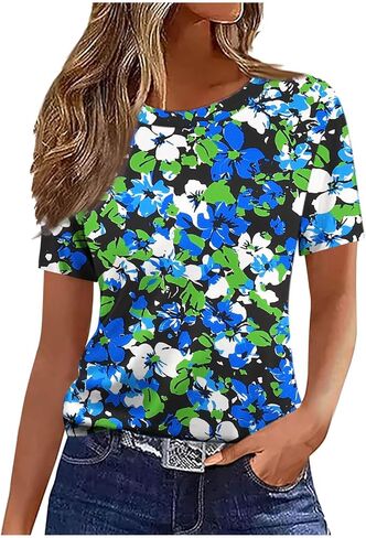 Summer Tops for Women Vintage Floral Feather Graphic Tees Short Sleeve Crewneck Tunic Blouses Dressy Shirts in Saudi Arabia