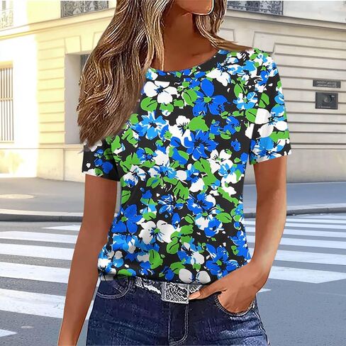 Summer Tops for Women Vintage Floral Feather Graphic Tees Short Sleeve Crewneck Tunic Blouses Dressy Shirts in Saudi Arabia