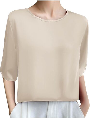 Silk Blouse for Women, Short Sleeve Silk Tops Satin Blouse Solid Tops French Collar Style Elegant Shirts in Kuwait