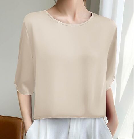 Silk Blouse for Women, Short Sleeve Silk Tops Satin Blouse Solid Tops French Collar Style Elegant Shirts in Kuwait