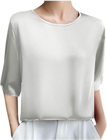 Silk Blouse for Women, Short Sleeve Silk Tops Satin Blouse Solid Tops French Collar Style Elegant Shirts in Kuwait
