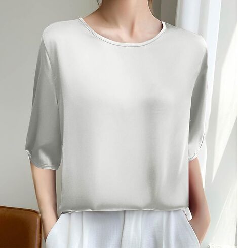 Silk Blouse for Women, Short Sleeve Silk Tops Satin Blouse Solid Tops French Collar Style Elegant Shirts in Kuwait