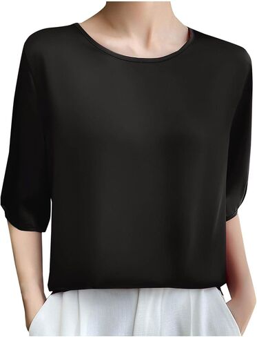 Silk Blouse for Women, Short Sleeve Silk Tops Satin Blouse Solid Tops French Collar Style Elegant Shirts in Kuwait