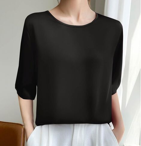 Silk Blouse for Women, Short Sleeve Silk Tops Satin Blouse Solid Tops French Collar Style Elegant Shirts in Kuwait
