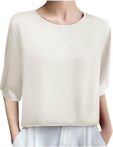 Silk Blouse for Women, Short Sleeve Silk Tops Satin Blouse Solid Tops French Collar Style Elegant Shirts in Kuwait