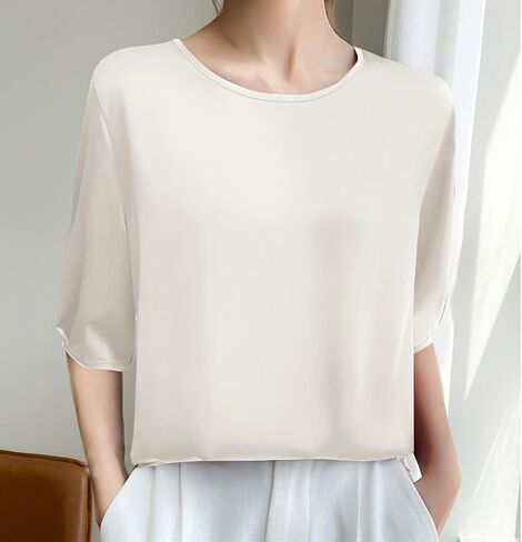 Silk Blouse for Women, Short Sleeve Silk Tops Satin Blouse Solid Tops French Collar Style Elegant Shirts in Kuwait